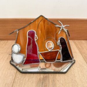 Vtg‎ Leaded Stained Glass Nativity Scene Christmas Religious Decor  5 1/2"